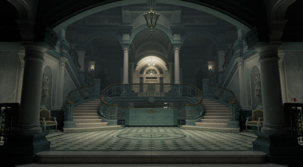 Auf dem Bild zu Resident Evil Requiem Tipps ist der Eingang eines verlassen wirkenden Sanatoriums zu sehen. Eine große, symmetrische Empfangshalle mit geschwungener Doppeltreppe, hohen Säulen und einem zentralen Empfangstresen prägt die Szene. Kaltes, gedämpftes Licht fällt von oben herab und verstärkt die unheimliche, gespannte Atmosphäre. Der Eingangsbereich des Sanatoriums wirkt still, monumental und zugleich bedrohlich.
