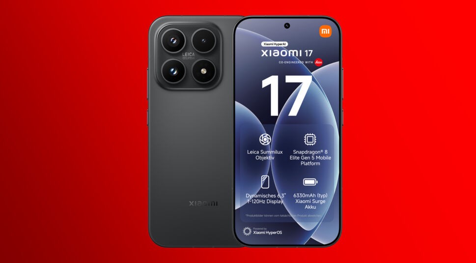 Auf dem Produktbild zum Xiaomi 17 (Ultra) ist das Xiaomi 17 vor einem kräftig roten Hintergrund zu sehen. Dargestellt sind die Vorder- und Rückseite des Smartphones in Schwarz. Das eckige Kameramodul mit Leica-Branding und vier Linsen ist prominent platziert. Auf dem Display werden Features wie Snapdragon 8 Elite Gen 5, 6,3-Zoll-Display und 6.330 mAh Akku hervorgehoben. Die Darstellung wirkt modern und hochwertig.