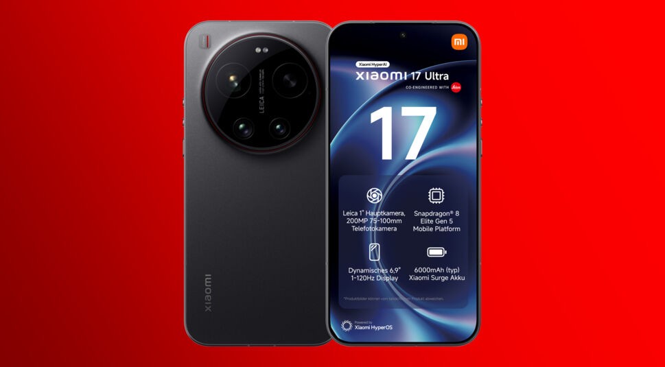 Auf dem Produktbild zum Xiaomi 17 (Ultra) ist das Xiaomi 17 Ultra vor einem kräftig roten Hintergrund zu sehen. Dargestellt sind Vorder- und Rückseite des Smartphones in Schwarz. Das große, runde Kameramodul mit Leica-Branding dominiert die Rückseite und unterstreicht den Premium-Anspruch. Auf dem 6,9-Zoll-Display werden Features wie 200-MP-Telekamera, Snapdragon 8 Elite Gen 5 und 6000 mAh Akku hervorgehoben.