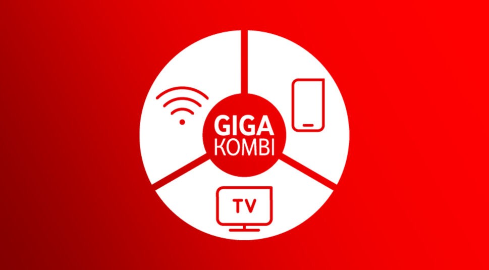 Auf dem Werbebild zum Danke Deal von Vodafone ist ein roter Hintergrund mit einer zentralen weißen Kreisgrafik zu sehen. In der Mitte steht „GIGA KOMBI“, umgeben von Symbolen für WLAN, Smartphone und TV. Die Darstellung vermittelt ein vernetztes Angebot und eine moderne, übersichtliche Struktur mit klarer, technischer Anmutung.