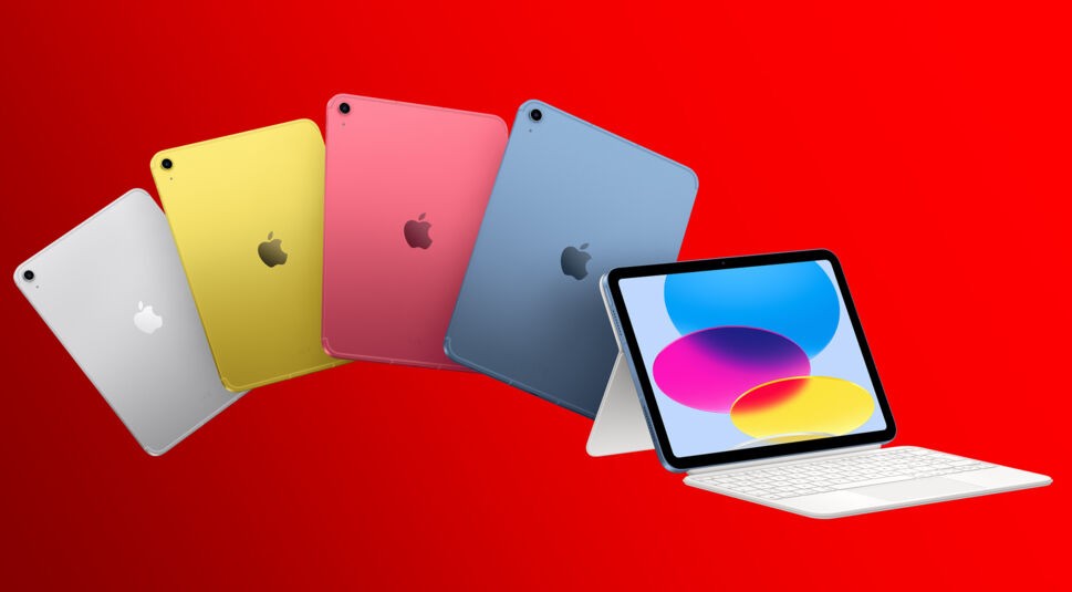 Im iPad Modelle Vergleich siehst du das iPad A16 Cellular in mehreren Farbvarianten vor rotem Hintergrund. Zu sehen sind die Rückseiten in Silber, Gelb, Pink und Blau sowie die Vorderseite mit Tastatur-Cover. Das moderne Apple-Tablet wirkt vielseitig und farbenfroh und präsentiert sich als kompaktes Gerät für Alltag, Streaming und produktives Arbeiten unterwegs.