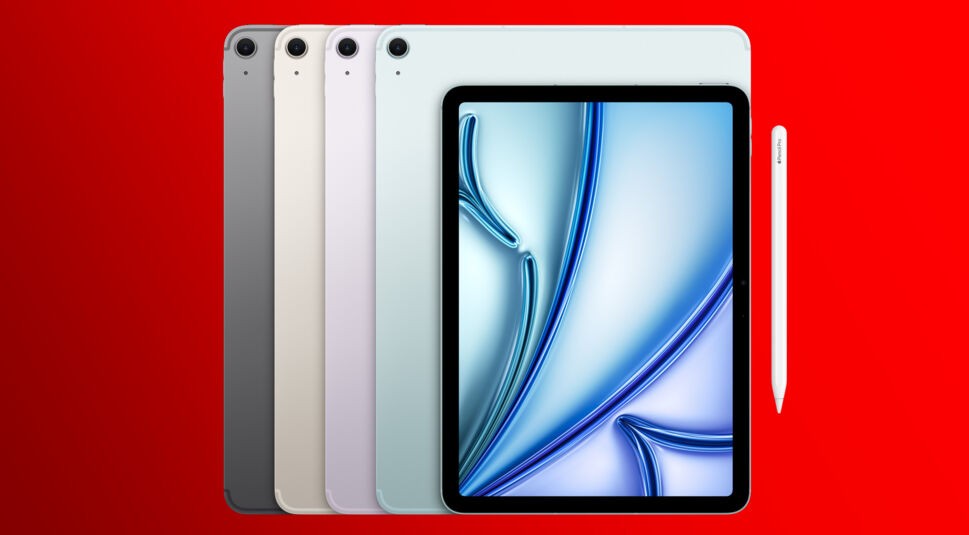 Im iPad Modelle Vergleich siehst du das iPad Air M4 Cellular in verschiedenen Farbvarianten mit Apple Pencil Pro vor rotem Hintergrund. Die Tablets sind in Space Grau, Beige, Hellblau und Lila angeordnet. Im Vordergrund befindet sich die Displayansicht des iPad Air mit modernem Design und dünnen Bildschirmrändern für kreative und produktive Anwendungen.