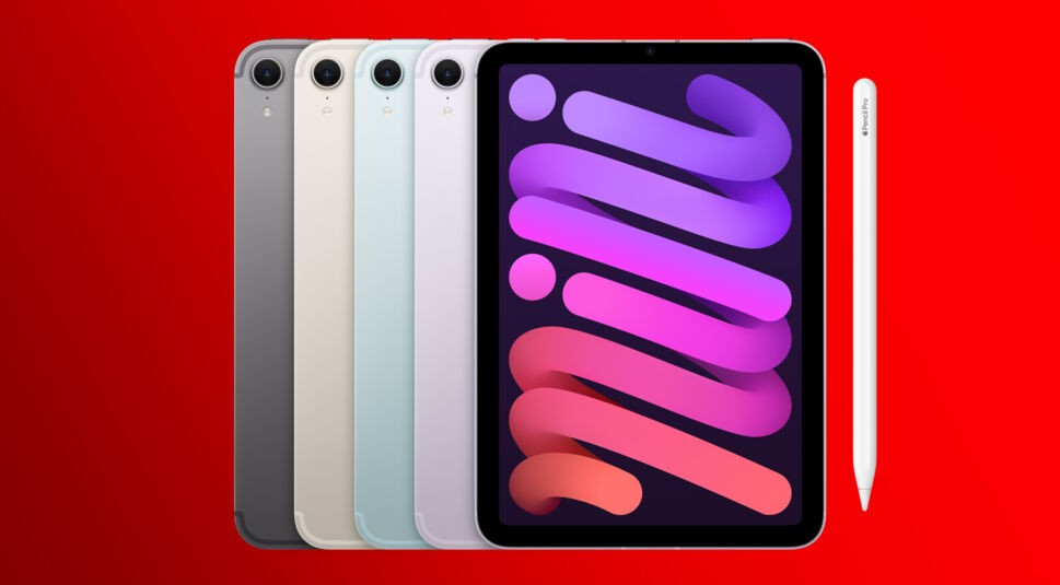 Im iPad Modelle Vergleich siehst du das iPad mini A17 Cellular in mehreren Farbvarianten zusammen mit dem Apple Pencil Pro vor rotem Hintergrund. Das kompakte Tablet ist in Space Grau, Beige, Hellblau und Lila zu sehen. Auf dem Display erscheint ein farbenfrohes Grafikmotiv, das das handliche Design und die kreative Nutzung des kleinen Apple-Tablets hervorhebt.
