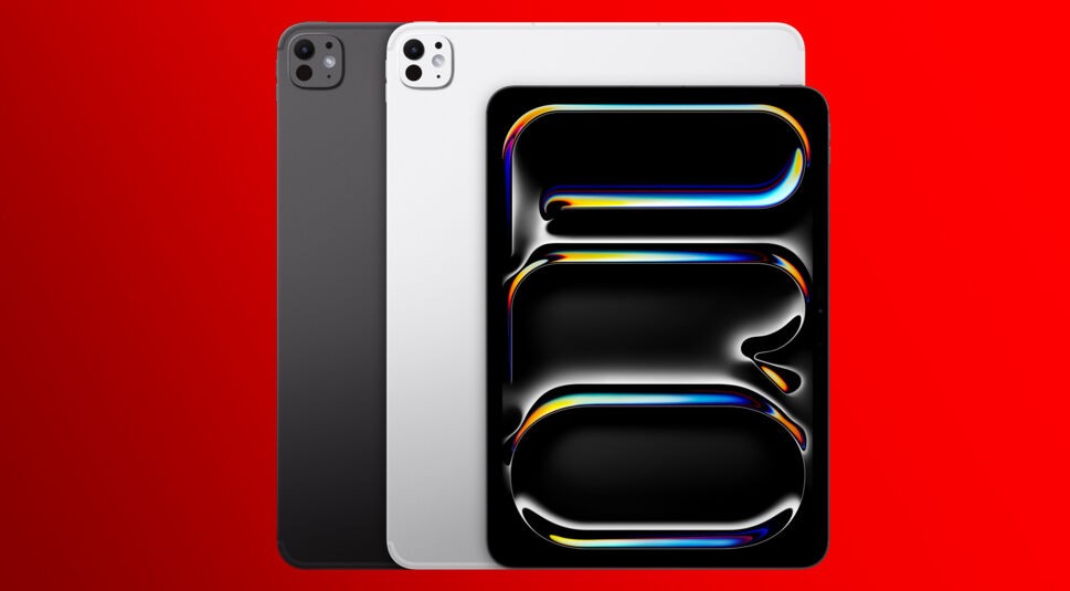Im iPad Modelle Vergleich siehst du das iPad Pro M5 Cellular in den Farbvarianten Schwarz und Silber vor rotem Hintergrund. Die Vorderseite zeigt ein kontrastreiches dunkles Displaymotiv mit glänzenden Lichteffekten.