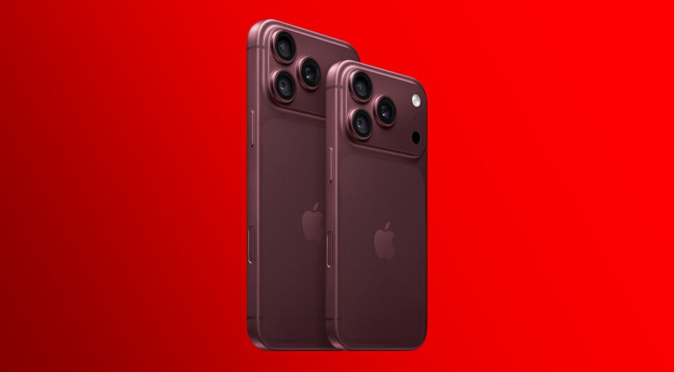 Auf dem Bild zu den iPhone Größen stehen das iPhone 18 Pro Max und das kleinere iPhone 18 Pro schräg hintereinander. Beide zeigen ihre Rückseite in einem tiefen, dunkelroten Farbton mit Apple-Logo und markantem Kamera-Plateau. Der Größenunterschied zwischen beiden Modellen wird dabei direkt sichtbar. Der satte rote Hintergrund verstärkt die edle, selbstbewusste Wirkung der Produktinszenierung.