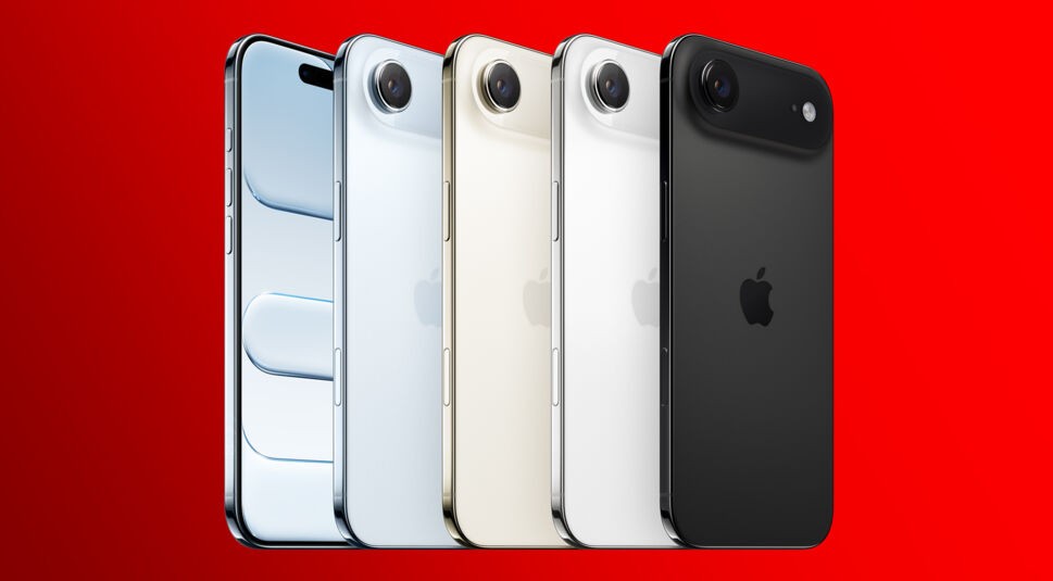 Im iPhone-Größen-Vergleich ist das iPhone Air als besonders schlankes Modell mit verschiedenen Farbvarianten und kompakter Bauweise zu sehen.
