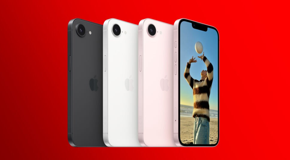 Im iPhone-Größen-Vergleich ist das iPhone 17e in Schwarz, Weiß und Rosa neben einer Frontansicht mit Display zu sehen.