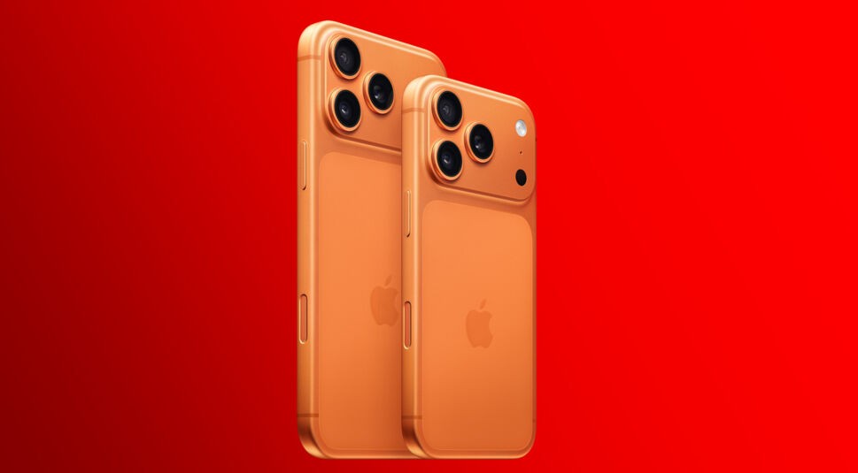 Im iPhone-Größen-Vergleich sind das iPhone 17 Pro Max und das iPhone 17 Pro in Orange mit Triple-Kamera-System direkt nebeneinander dargestellt.