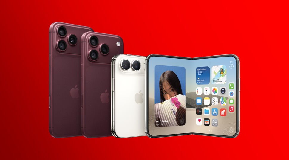 Das iPhone 18 Pro Max und das iPhone 18 Pro in Burgunder neben dem iPhone Duo in weiß vor rotem Hintergrund