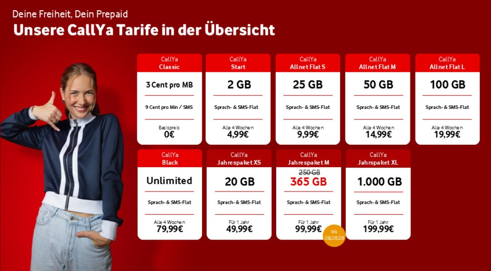 Eine Übersicht der neun CallYa-Tarife: Classic, Start, Allnet Flat S/M/L und Black sowie die Jahrespakete XS, M und XL, daneben eine lachende Frau mit Anruf-Handgeste.