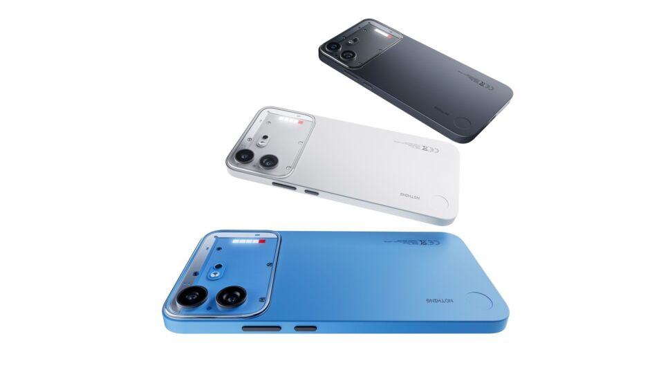 Das Nothing Phone (4b) in den Farben Blau, Weiß und Schwarz.