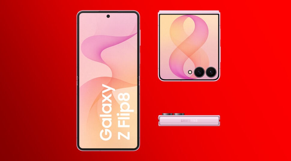 Zu sehen ist das Samsung Galaxy Z Flip8 in der Farbe Pink. Das Gerät ist in drei unterschiedlichen Winkeln auf rotem Hintergrund zu sehen. Einmal von vorn aufgeklappt, zugeklappt und von der Seite.
