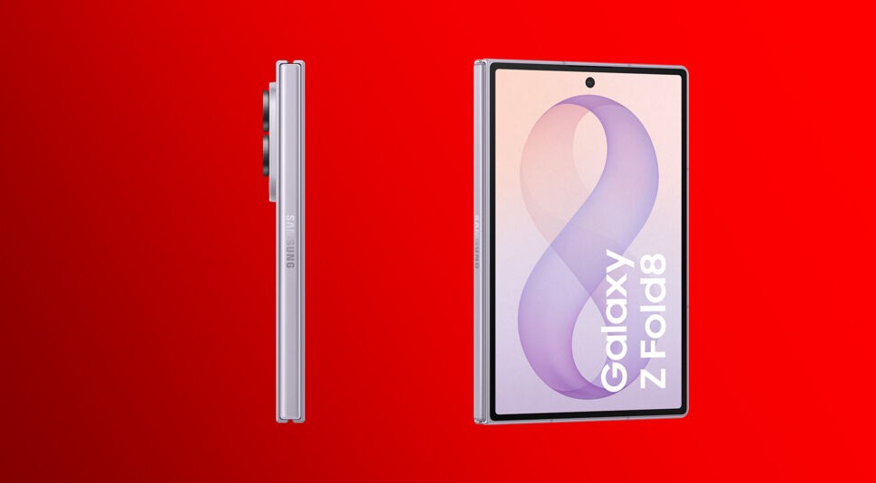 Das Samsung Galaxy Z Fold8 wird von vorn und von der Seite gezeigt vor rotem Hintergrund.
