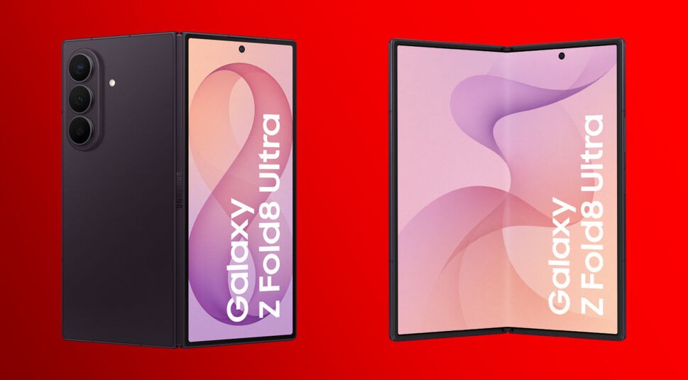 Samsung Galaxy Z Fold8 Ultra von vorn und hinten. Auf beiden Bildern ist das Gerät aufgeklappt zu sehen. Einmal mit dem Frontdisplay und einmal mit dem großen Innendisplay vor rotem Hintergrund.