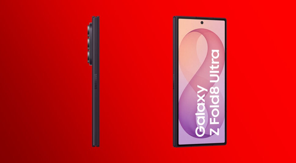 Das Bild zeigt das Samsung Galaxy Z Fold8 Ultra vorn und der Seite vor rotem Hintergrund.