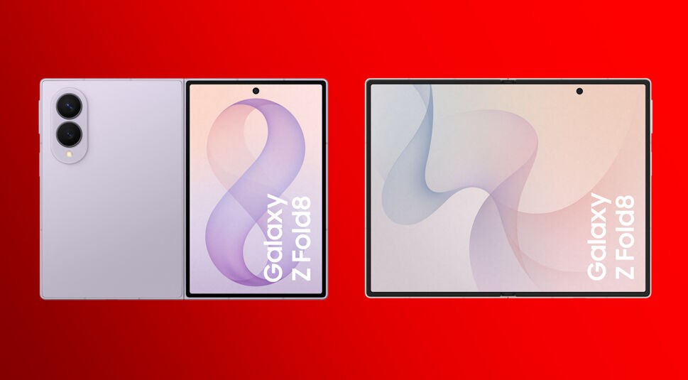 Zu sehen ist das Samsung Galaxy Z Fold8 in zwei Winklen aufgeklappt. Einmal von vorn und einmal von hinten in der Farbe Lavender.