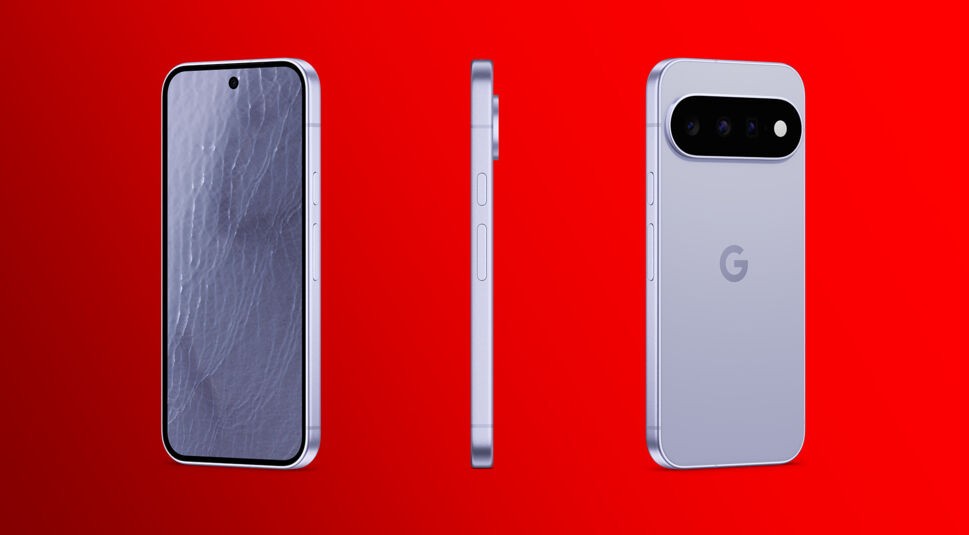 Das Google Pixel 11 wird in drei verschiedenen Positionen gezeigt, um die Maße zu verdeutlichen. Links leicht angewinkelt von vorn, in der Mitte von der Seitenansicht und links von hinten. Das Smartphone wird in der Farbe Fog gezeigt und vor rotem Hintergrund gezeigt.