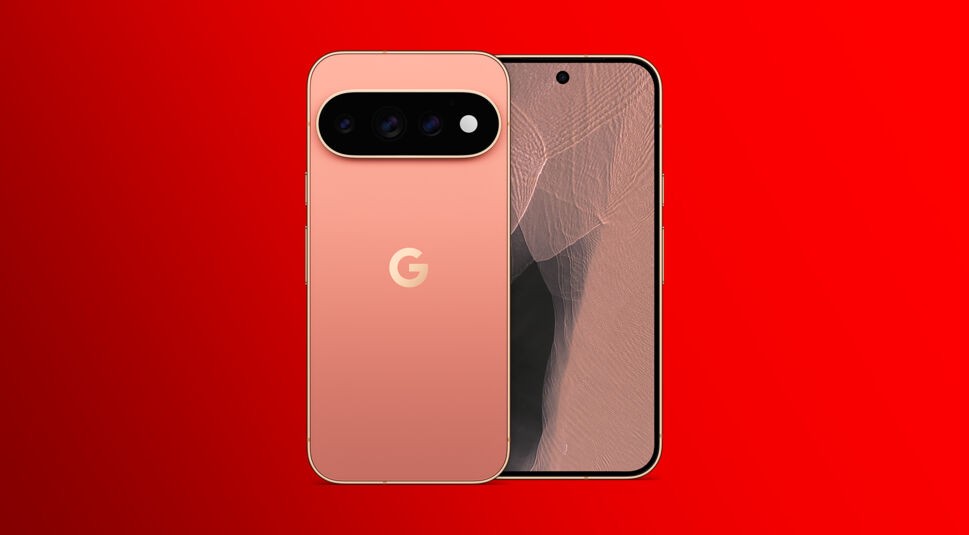 Das Google Pixel 11 Pro in der Farbe Canyon von vorn und hinten vor rotem Hintergrund.