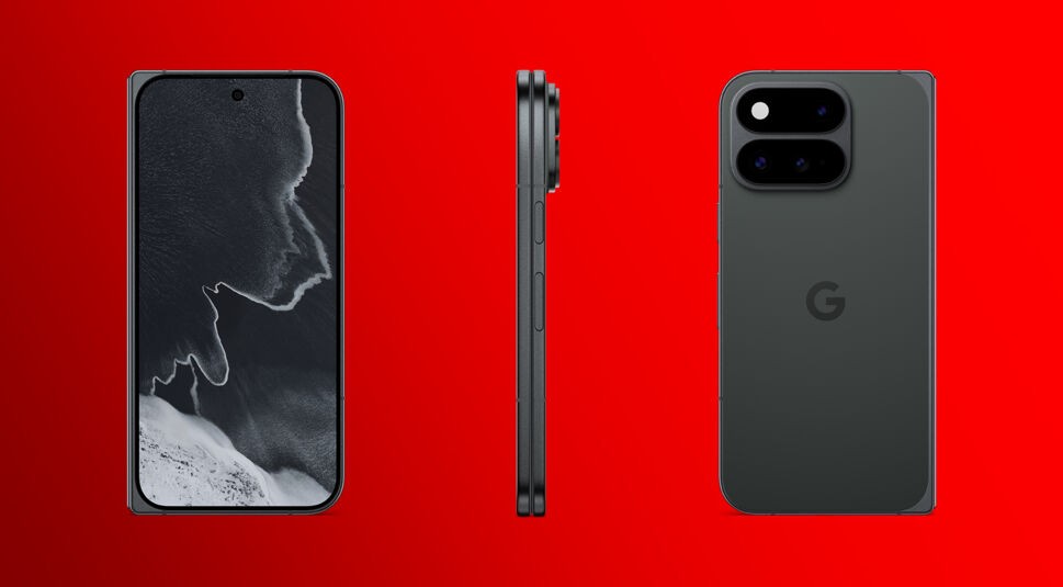 Das Google Pixel 11 Pro Fold in drei verschiedenen Positionen, um die Maße und den Look zu verdeutlichen. Links von vorn zugeklappt, in der Mitte von der Seitenansicht und rechts von hinten zugeklappt. Das Ganze ist vor rotem Hintergrund zu sehen.
