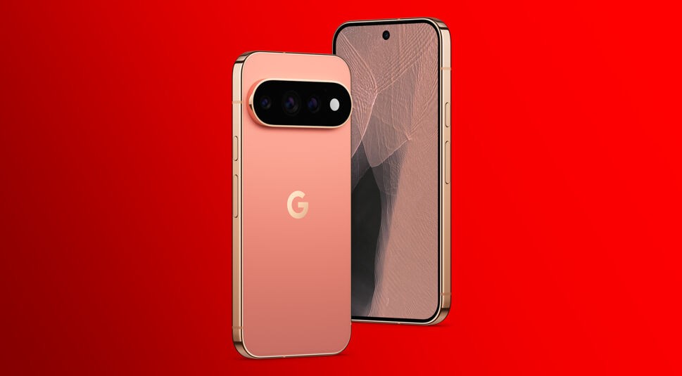 Das Google Pixel 11 Pro XL in leicht angewinkelter Position von vorn und hinten. Abgebildet ist das Smartphone in der Farbe Canyon vor rotem Hintergrund.