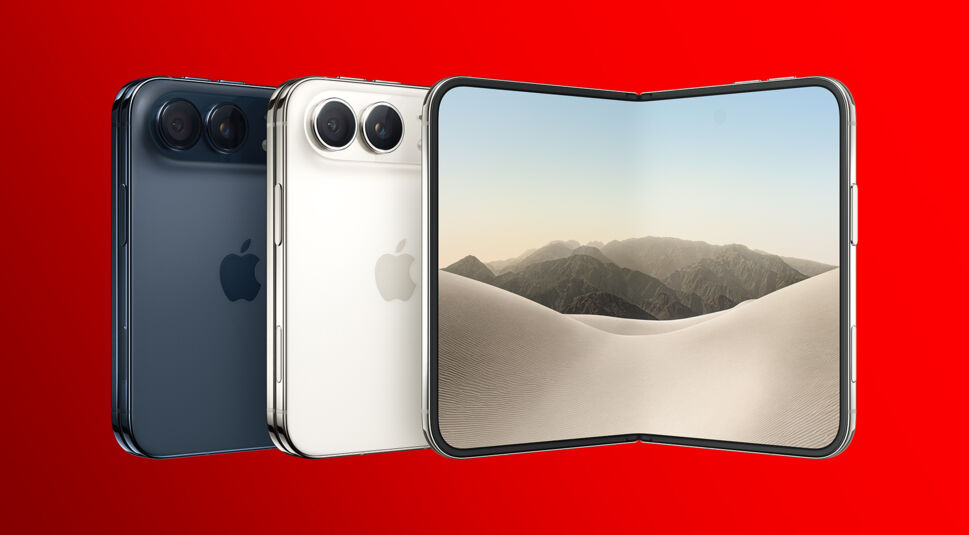 Auf dem Bild zum iPhone Duo stehen drei Modelle in den Farben Nachthimmel und Sternenweiß nebeneinander. Links und in der Mitte zeigen die zusammengeklappten Geräte ihre Rückseiten mit Doppelkamera und Apple-Logo, rechts ist ein halb aufgeklapptes Modell mit Dünen-Hintergrundbild zu sehen. Vor kräftigem Rot wirken das dunkle Blau und das helle Weiß besonders edel.