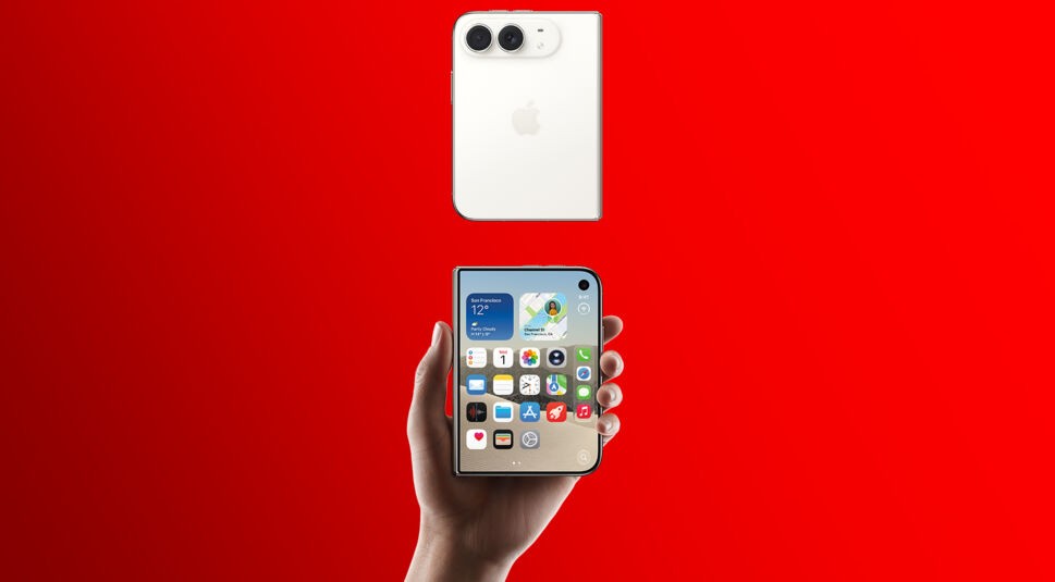 Auf dem Bild zum iPhone Duo ist das zusammengeklappte Gerät in Sternenweiß zweimal zu sehen: oben die schlichte Rückseite mit Doppelkamera und Apple-Logo, unten hält eine Hand das kompakte Modell und zeigt das Außendisplay mit Homescreen, Wetter- und Karten-Widget. Der kräftig rote Hintergrund und die klare Lichtführung wirken aufgeräumt und hochwertig.