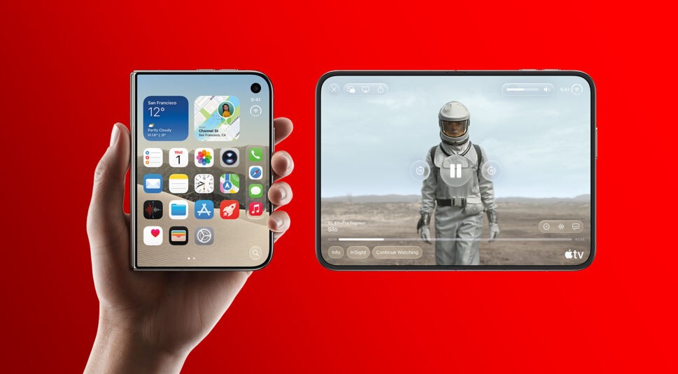Auf dem Bild zum iPhone Duo hält eine Hand links das zusammengefaltete Gerät mit Homescreen, Wetter-Widget und Karten-App. Rechts liegt das aufgefaltete Display quer und zeigt in der Apple-TV-App eine Folge der Serie „Silo" mit einer Figur im Raumanzug in karger Wüstenlandschaft. Der kräftig rote Hintergrund wirkt modern und aufgeräumt.
