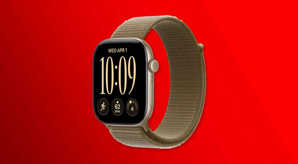 Die Apple Watch 12 in Lichtgold mit Sport-Loop-Armband auf rotem Hintergrund.
