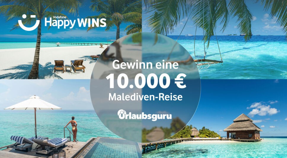 Auf dem Bild zum Vodafone Happy-Gewinnspiel ist eine Bildcollage aus vier Malediven-Urlaubsszenen zu sehen, in der Mitte mit einem runden Aufdruck „Gewinn eine 10.000 € Malediven-Reise" und dem Logo von Urlaubsguru. Drumherum zeigen die Ausschnitte einen palmengesäumten Sandstrand mit Liegestühlen, eine Hängematte über türkisfarbenem Wasser, eine Frau an einem Infinity-Pool mit Meerblick sowie Wasserbungalows auf Stelzen. Die Stimmung ist sonnig, entspannt und verheißungsvoll.