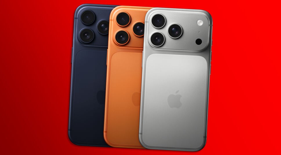 Das iPhone 17 Pro in Blau, Orange und Silber.