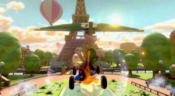 Luigi gleitet in Mario Kart 8 Deluxe von einen hohen Position auf die Rennstrecke