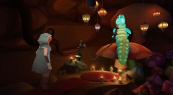 In-Game-Screenshot Down the Rabbit Hole - Spielfigur trifft die weise Raupe