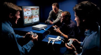 Vier Leute spielen gemeinsam an der ersten Sony PlayStation ein Spiel.