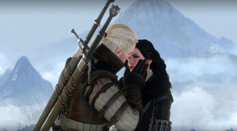 Geralt und Yennefer küssen sich. Eine Szene aus The Witcher 3