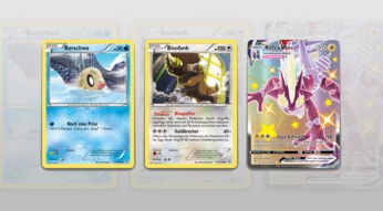 Drei Pokémon-Karten unterschiedlicher Seltenheit