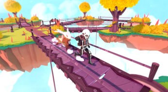 Eim Tamer geht mit seinem Temtem über eine Brücke