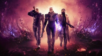 Eine bewaffnete Frau und zwei Männer aus dem Spiel "Outriders" nähern sich in Science-Fiction-Outfits.