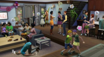Ein Haushalt in "Die Sims 4": Sims spielen, reden oder schlafen in einem Wohnzimmer.