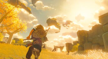 Link läuft im Nachfolger von Zelda: Breath of the Wild über eine Wiese gen Horizont.