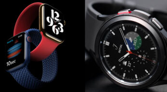 Apple Watch 6 in zwei Versionen neben der liegenden Galaxy Watch4