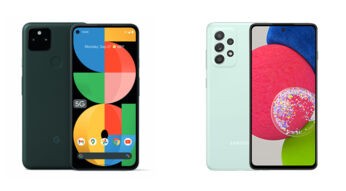 Pixel 5a und Galaxy A52s 5G nebeneinander von vorne und hinten