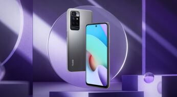 Xiaomi Redmi 10 in Grau von beiden Seiten vor violettem Hintergrund