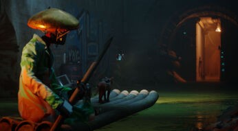 Eine Katze steht auf einem Floß