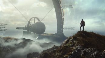 Ein Mann steht auf einem Berg vor einer großen Maschine im Spiel Deathloop