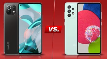 Das Xiaomi 11 Lite 5G NE und das Galaxy A52s 5G auf rotem Hintergrund