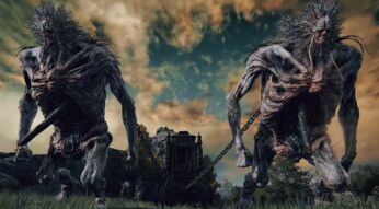 Zwei angekettete Monster ziehen in Elden Ring einen Wagen