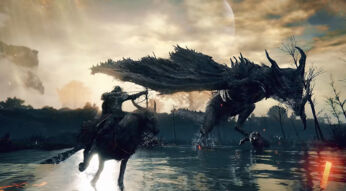 Ein Charakter kämpft auf seinem Pferd mit Pfeil und Bogen gegen einen Drachen in Elden Ring