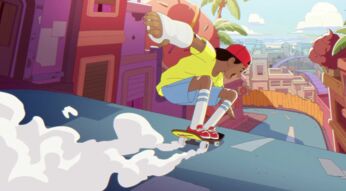 Ein Charakter aus OlliOlli World fährt eine Straße runter