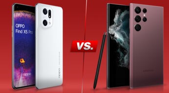 Flaggschiff-Smartphones nebeneinander vor rotem Hintergrund: OPPO Find X5 Pro und Galaxy S22 Ultra mit Eingabestift