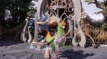 Ein Spieler reitet auf einem Chamkuri und steht vor dem Eingang der Abgrund-Dungeons